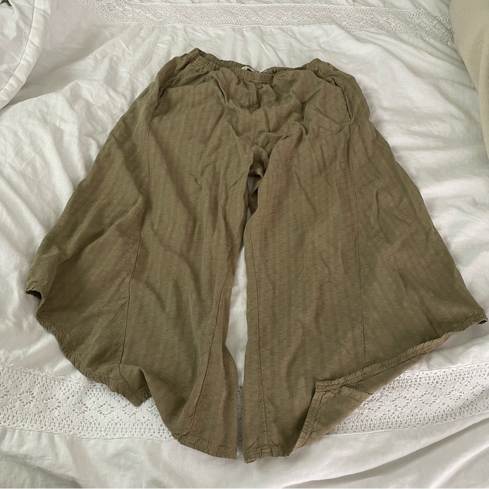 Lyng SMALL Wide Leg Harem Pants Tan Pull On High Rise Lagenlook uneven flowy